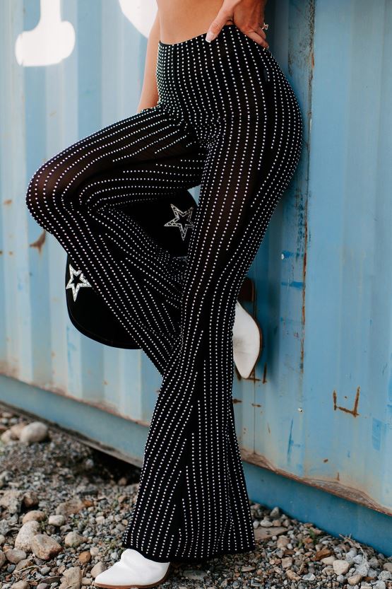 svart NanaMacs se meg skinne mesh rhinestone flare bukser 402NJ03050