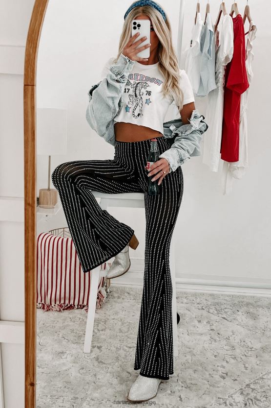 svart NanaMacs se meg skinne mesh rhinestone flare bukser 402NJ03050