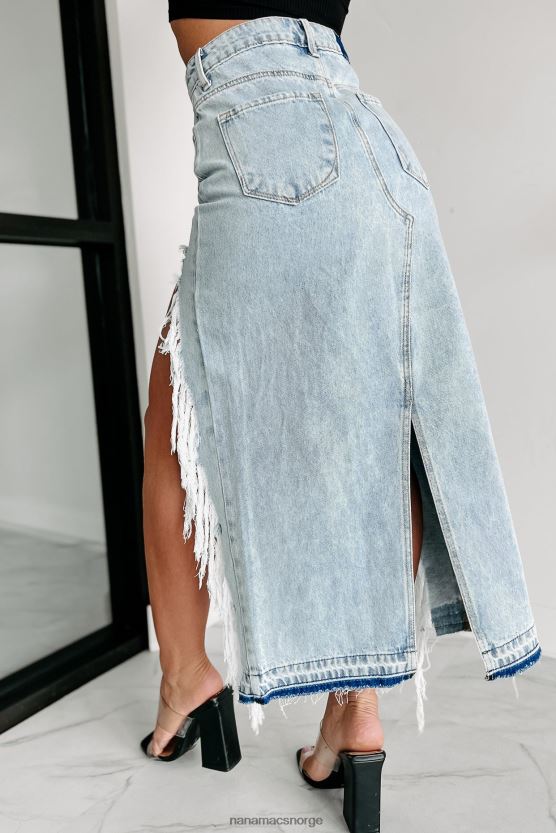 lys NanaMacs klippe bånd tungt distressed denim maxi skjørt 402NJ03164