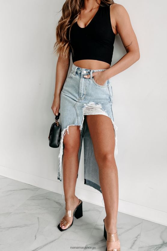 lys NanaMacs klippe bånd tungt distressed denim maxi skjørt 402NJ03164