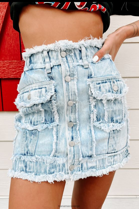 lyse blå NanaMacs detaljorientert knapp-front frynsete denim miniskjørt 402NJ03262