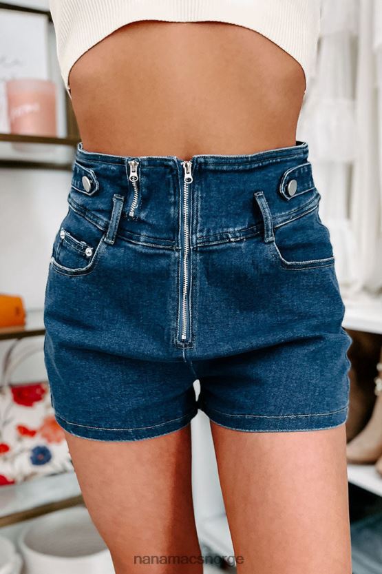 mørk denim NanaMacs evig retro denimshorts med høy høyde med glidelås foran 402NJ02877