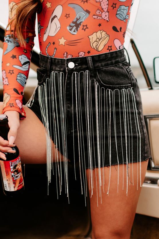 svart NanaMacs kom for å feste denimshorts med høy midje rhinestone frynser 402NJ02753
