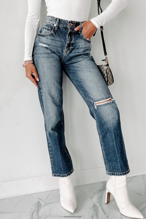 middels mørk NanaMacs inn i det distressed høy stige 90-tallet straight leg jeans 402NJ03431