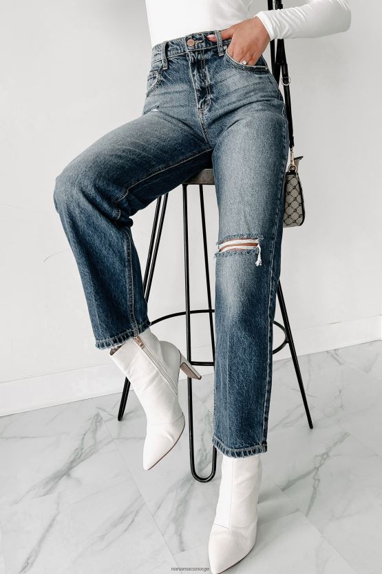 middels mørk NanaMacs inn i det distressed høy stige 90-tallet straight leg jeans 402NJ03431