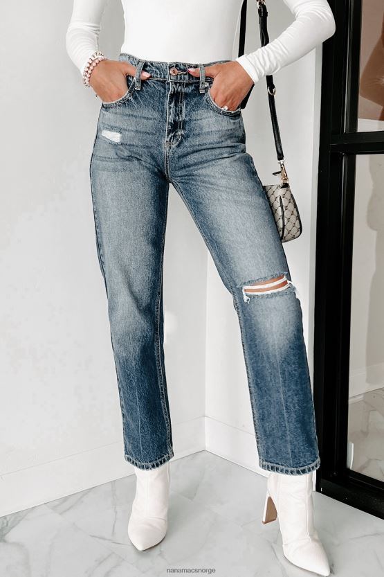 middels mørk NanaMacs inn i det distressed høy stige 90-tallet straight leg jeans 402NJ03431