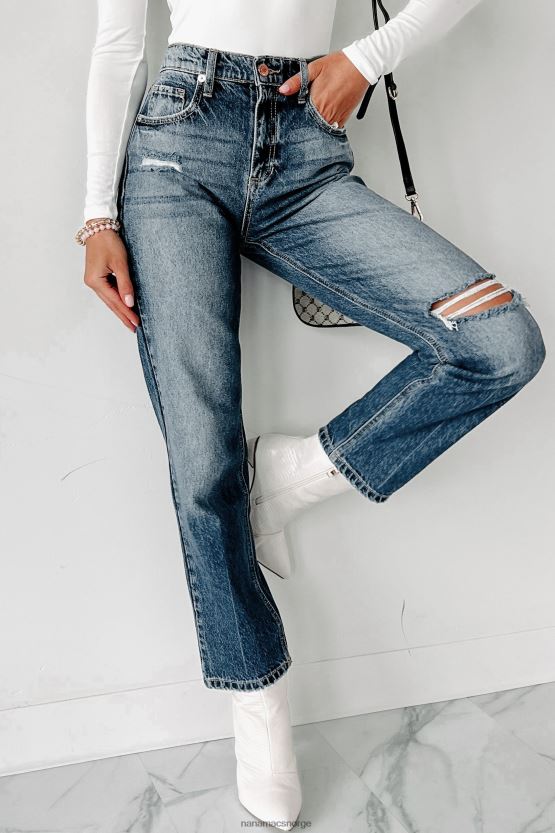 middels mørk NanaMacs inn i det distressed høy stige 90-tallet straight leg jeans 402NJ03431
