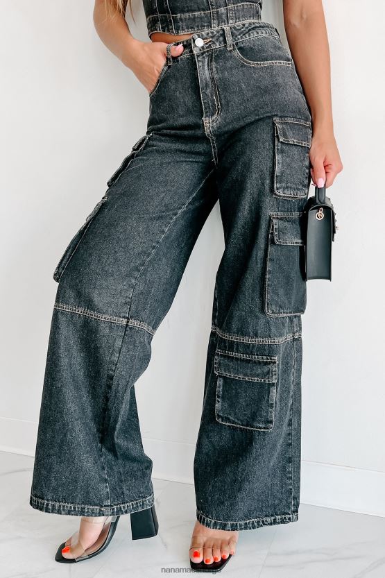 svart NanaMacs antonella høyvekst cargo-jeans med brede ben 402NJ03132