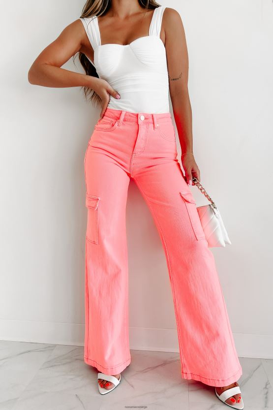 varm rosa NanaMacs lever i øyeblikket high rise wide leg cargo jeans 402NJ03129