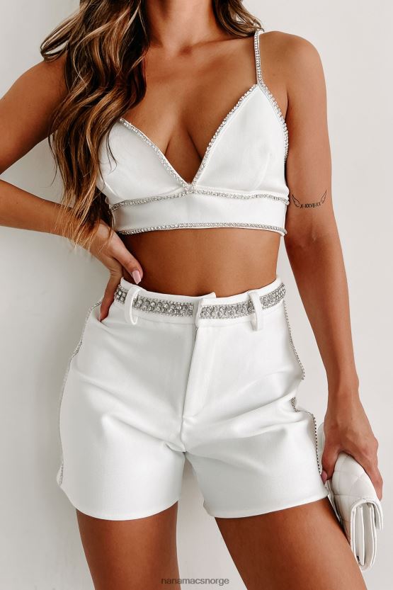 hvit NanaMacs elegant som alltid høy midje rhinestone trim shorts 402NJ02734