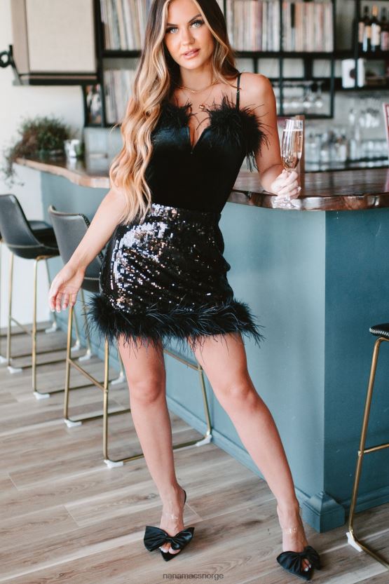 svart NanaMacs paljett sensasjon høy midje paljett fjær mini skjørt 402NJ01620