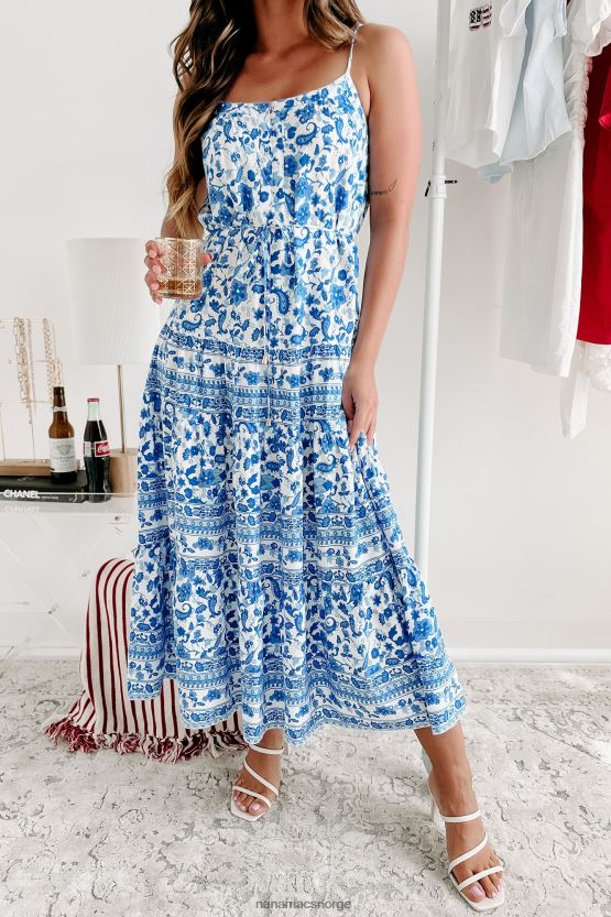 blå hvit NanaMacs chessie blomstret midikjole 402NJ02268