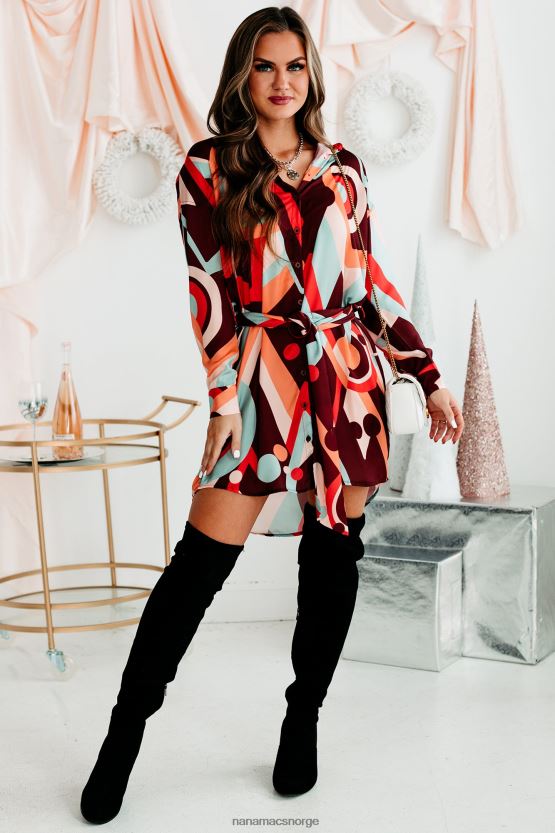 brun multi NanaMacs boogie down belte skjortekjole med geometrisk trykk 402NJ02220