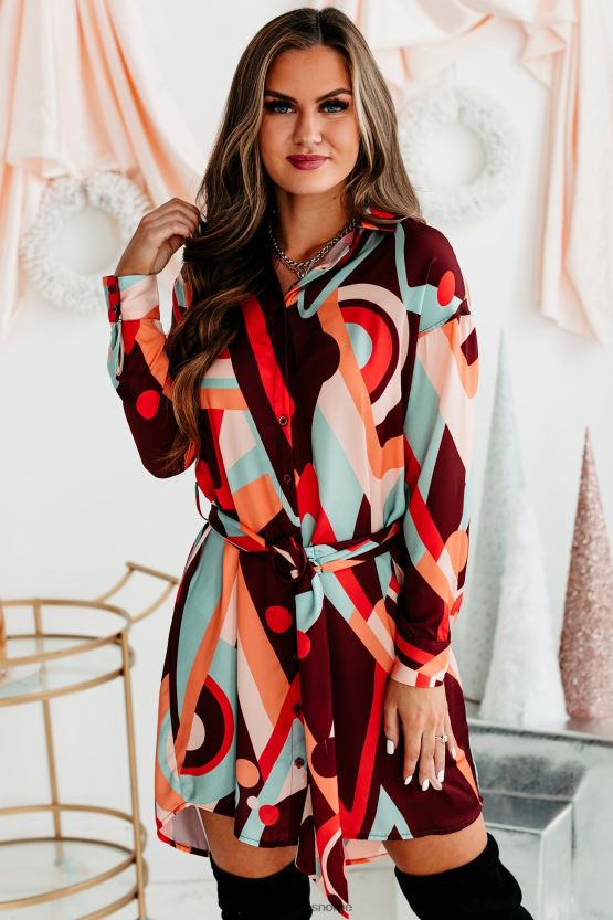 brun multi NanaMacs boogie down belte skjortekjole med geometrisk trykk 402NJ02220