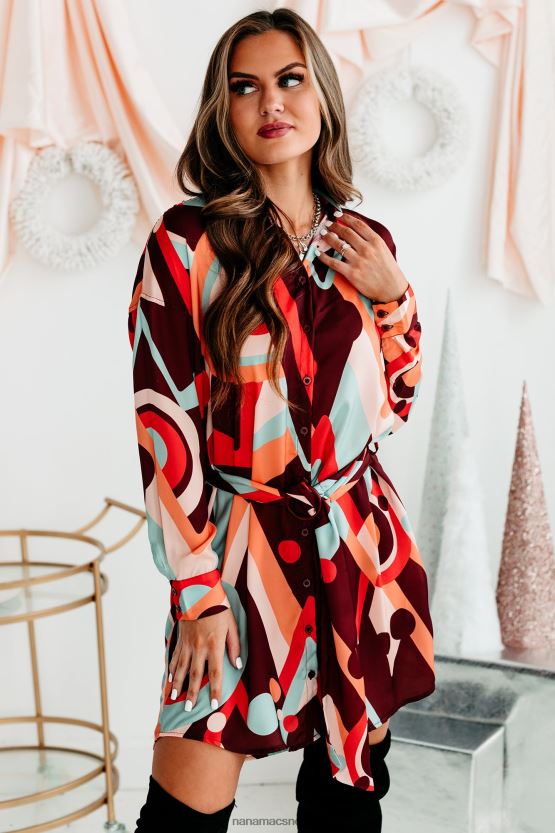 brun multi NanaMacs boogie down belte skjortekjole med geometrisk trykk 402NJ02220