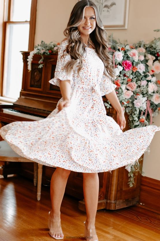 hvit NanaMacs infinite bliss floral off the shoulder midikjole 402NJ02289