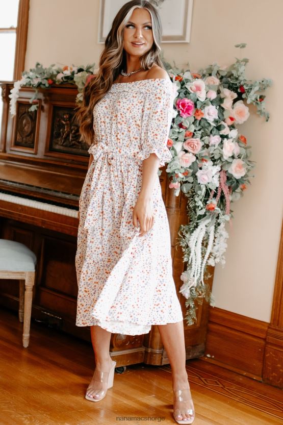 hvit NanaMacs infinite bliss floral off the shoulder midikjole 402NJ02289