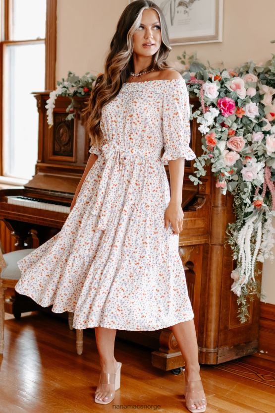 hvit NanaMacs infinite bliss floral off the shoulder midikjole 402NJ02289