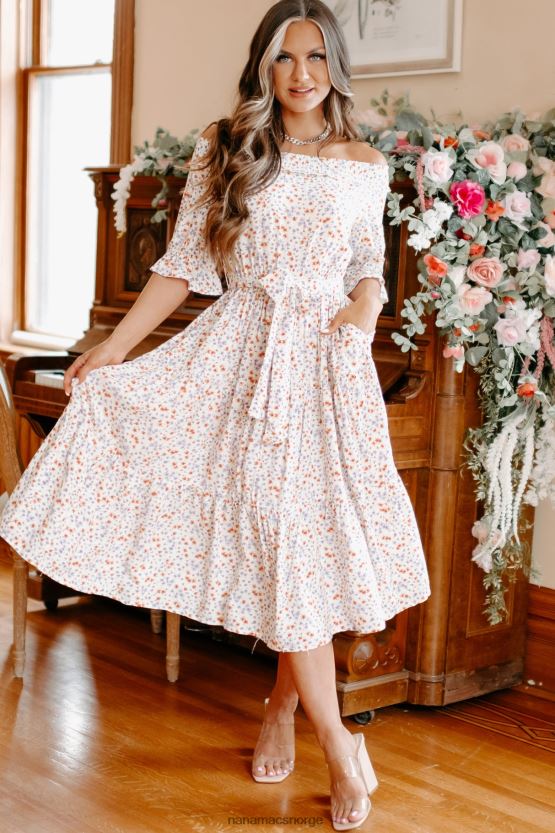 hvit NanaMacs infinite bliss floral off the shoulder midikjole 402NJ02289