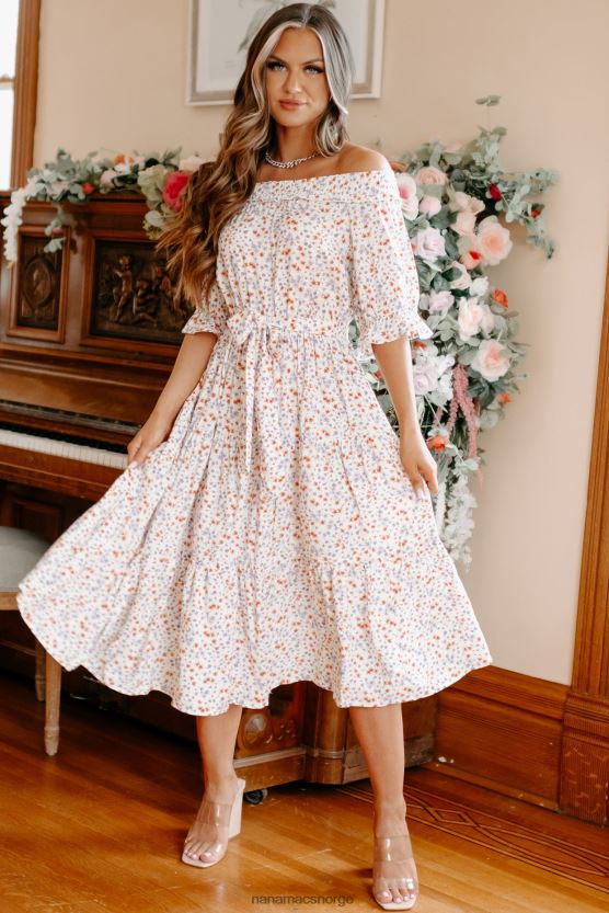 hvit NanaMacs infinite bliss floral off the shoulder midikjole 402NJ02289