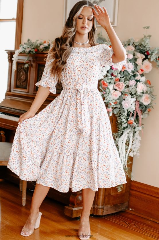 hvit NanaMacs infinite bliss floral off the shoulder midikjole 402NJ02289