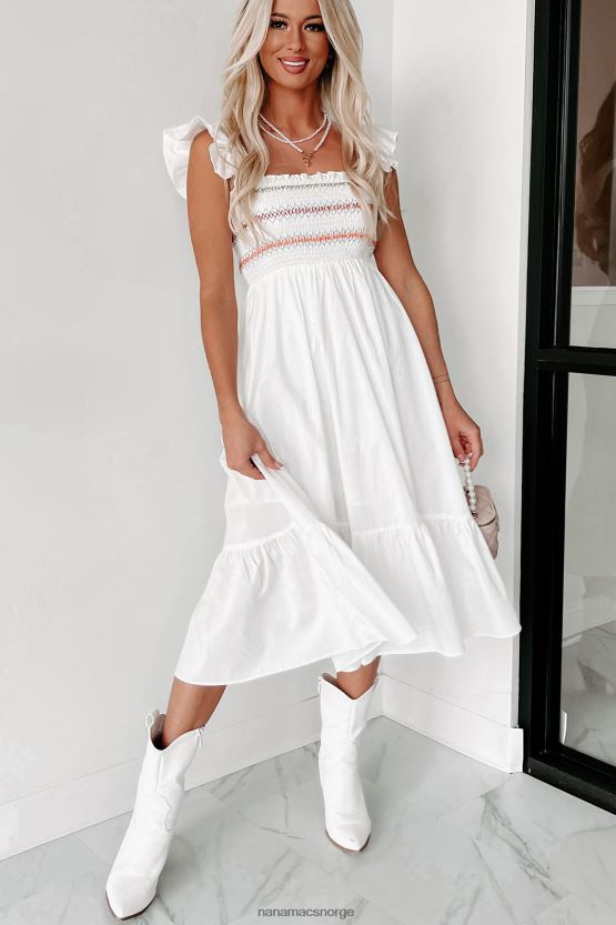hvit NanaMacs lois smocket midikjole med volanger 402NJ02281