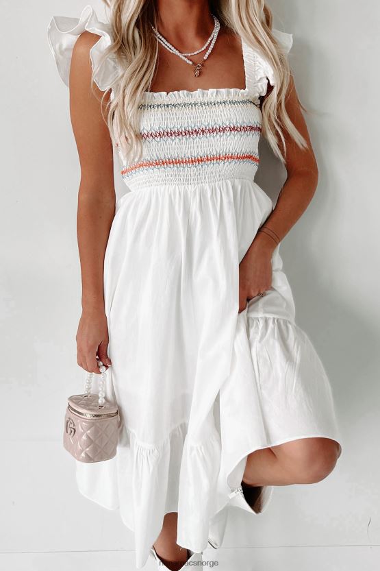 hvit NanaMacs lois smocket midikjole med volanger 402NJ02281