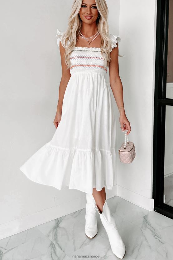 hvit NanaMacs lois smocket midikjole med volanger 402NJ02281
