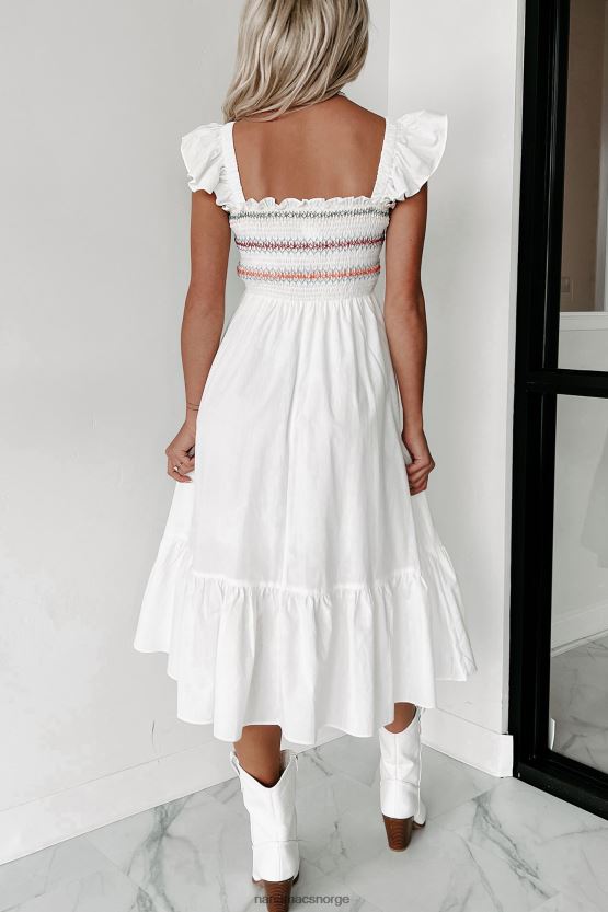 hvit NanaMacs lois smocket midikjole med volanger 402NJ02281