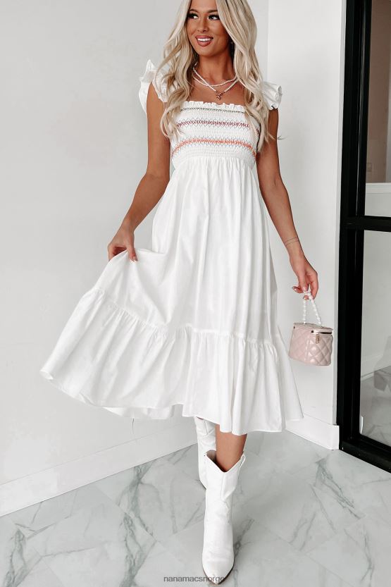 hvit NanaMacs lois smocket midikjole med volanger 402NJ02281