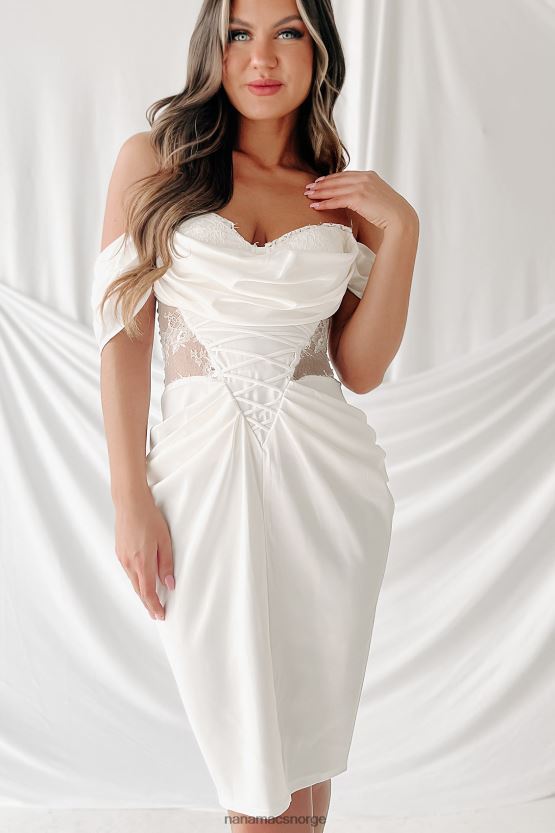 hvit NanaMacs påvirket av deg blonder av skulderen sateng midikjole 402NJ02274