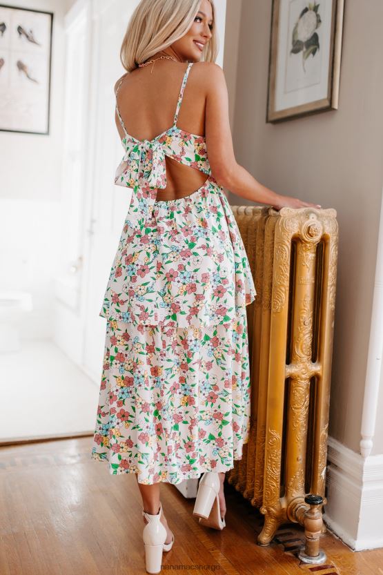 hvit multi NanaMacs flower fields lagdelt floral midikjole 402NJ02286