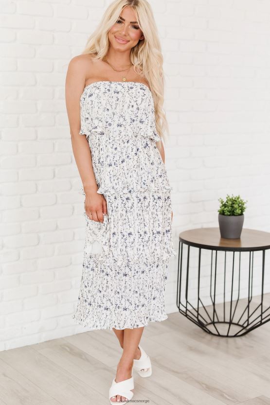 off white blå NanaMacs jaktende virkelighet stroppeløs floral midikjole 402NJ02296