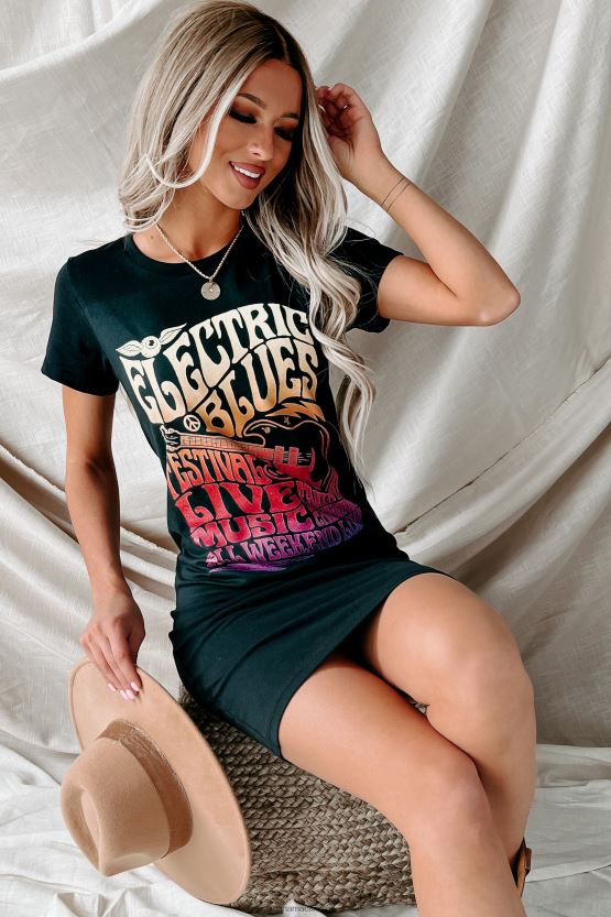 svart NanaMacs elektrisk bluesfestival grafisk t-skjortekjole 402NJ03582