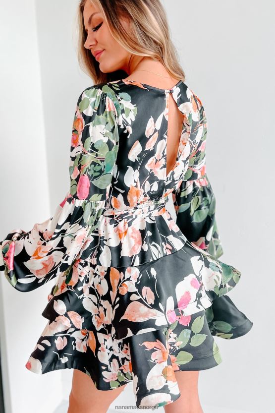 svart NanaMacs floral vakker langermet sateng blomsterkjole 402NJ02158