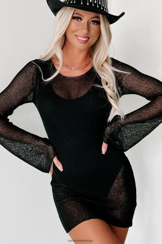 svart NanaMacs skjult paradis åpen strikket langermet kjole 402NJ01965