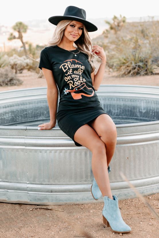 svart NanaMacs skylde alt på røttene mine grafiske t-skjortekjole 402NJ03603