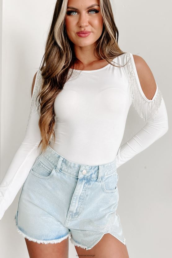 hvit NanaMacs snakk gnisten kald skulder rhinestone frynser bodysuit 402NJ0364