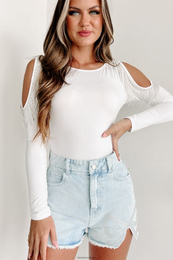 hvit NanaMacs snakk gnisten kald skulder rhinestone frynser bodysuit 402NJ0364