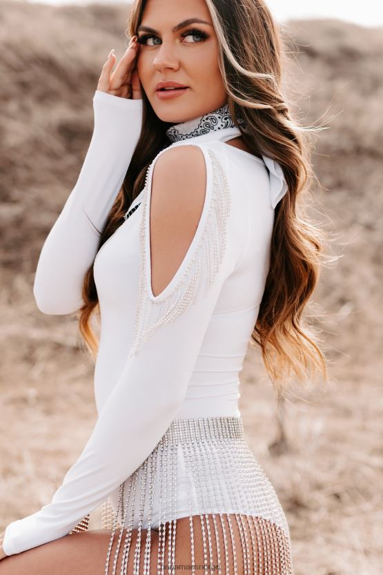 hvit NanaMacs snakk gnisten kald skulder rhinestone frynser bodysuit 402NJ0364