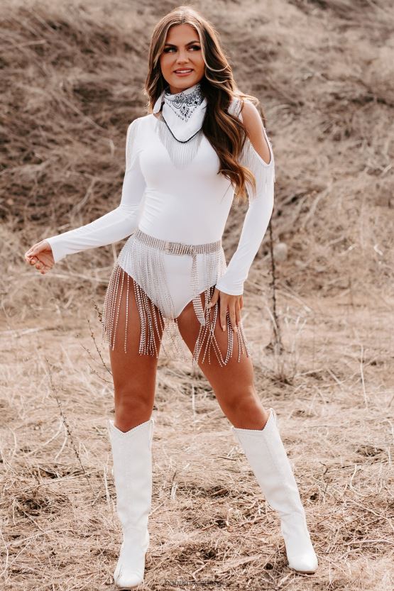 hvit NanaMacs snakk gnisten kald skulder rhinestone frynser bodysuit 402NJ0364