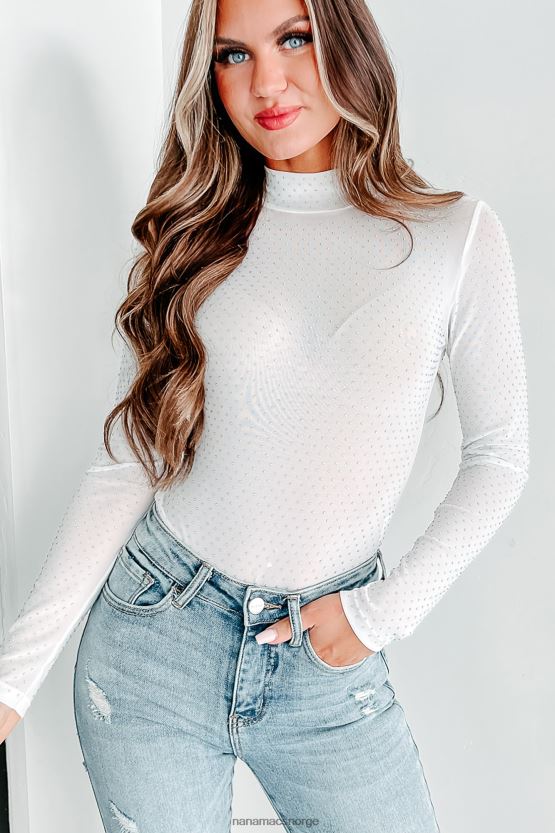hvit NanaMacs sporer glitrer rhinestone mesh mock neck bodysuit 402NJ0378