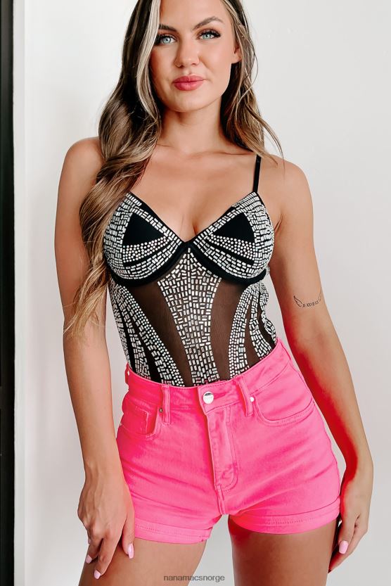svart NanaMacs laget for beundring polstret rhinestone mesh bodysuit 402NJ0395