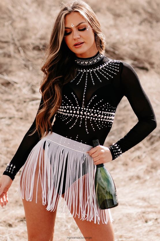 svart NanaMacs tid til å blande rhinestone perle mesh bodysuit 402NJ0365