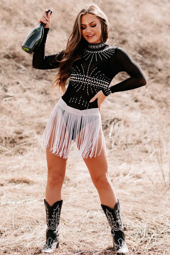 svart NanaMacs tid til å blande rhinestone perle mesh bodysuit 402NJ0365