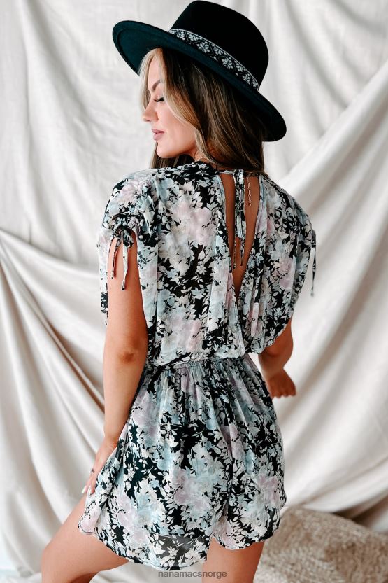 svart floral NanaMacs på tide å blomstre ruched skulder floral surplice romper 402NJ02696