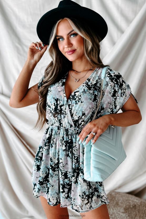 svart floral NanaMacs på tide å blomstre ruched skulder floral surplice romper 402NJ02696