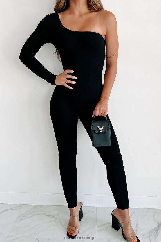 svart NanaMacs forårsaker skandaler én skulder ribbet catsuit 402NJ02509