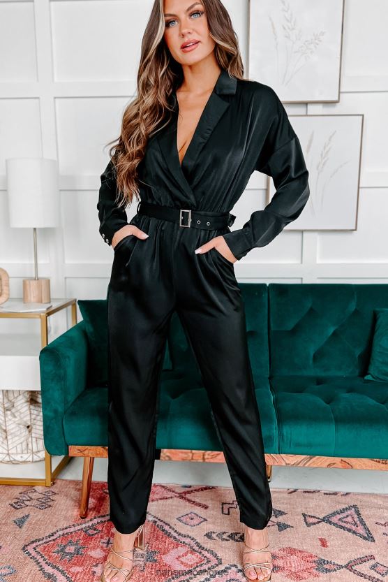 svart NanaMacs utvekslet blikk lange ermet beltede jumpsuit 402NJ02644