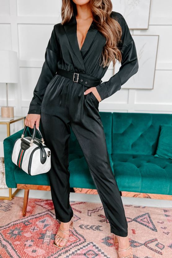 svart NanaMacs utvekslet blikk lange ermet beltede jumpsuit 402NJ02644